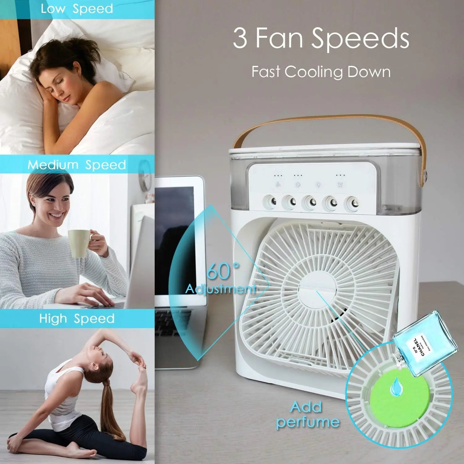 Portable Air Conditioner Fan Mini Evaporative Air Cooler with 7 Colors LED Light 1/2/3 H Timer 3 Wind Speeds and 3 Spray Modes