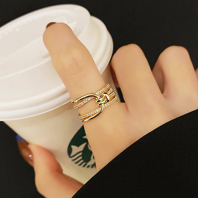 Irregular Hollow Opening Rings For Women Stainless Steel Gold Color Copper Geometric Ring Fashion Simple Party Christmas Jewelry