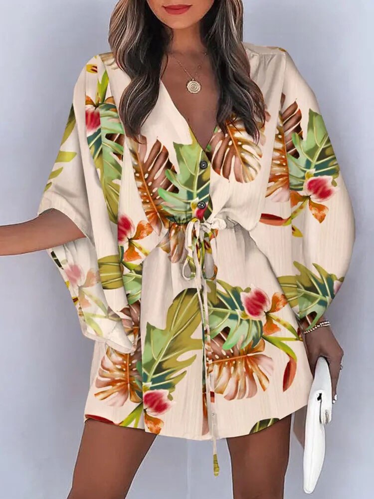 Casual Boho Button Beach Dresses 2023 New Vintage Batwing Sleeve Drawstring Dress Women Fashion Loose V-Neck Printed Mini Dress - RY MARKET PLACE