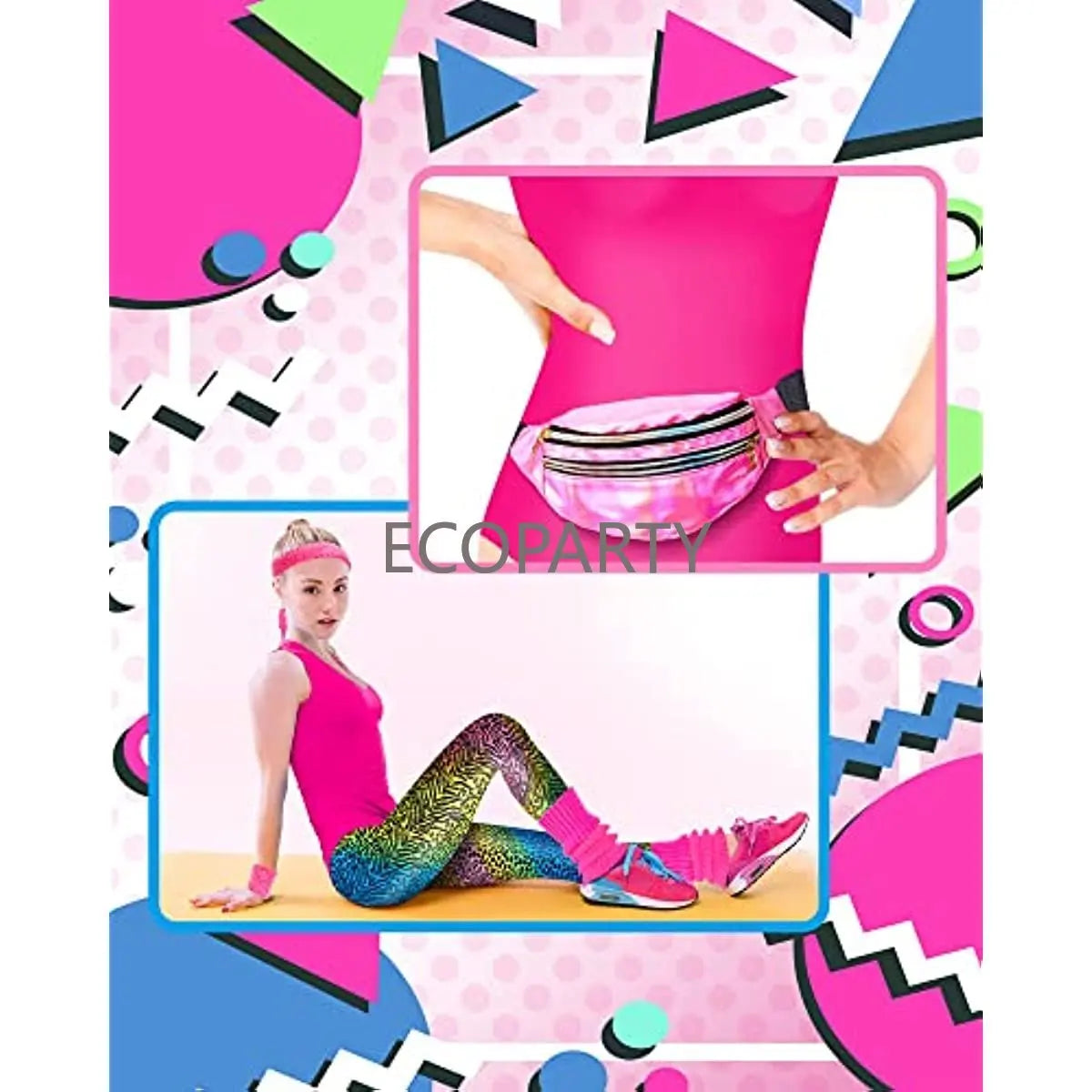 7 Pcs 80s Fancy Workout Costume 80s Accessories Set 80s 90s Leotard Legging Headband Wristbands Leg Warmers Earrings Fanny Pack