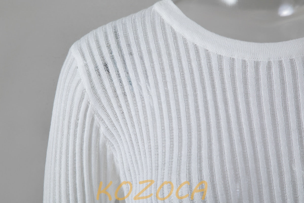 2023 Fashion White Elegant Striped See Through Women Tops Outfits Long Sleeve T-Shirts Tees Skinny Club Party Clothes - RY MARKET PLACE