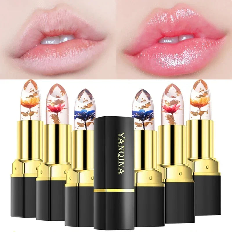 Long Lasting Temperature Color Changing Lip Balm Crystal Jelly Flower Lipstick Gloss Transparent Moisturize Lips Makeup Cosmetic