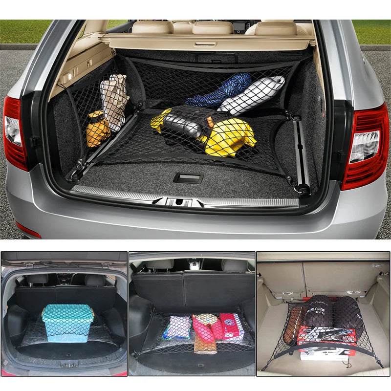 Car Rear Trunk Net Mesh Elastic Nylon Back Cargo Storage Organizer Double Layer Luggage Grocery Holder Universal Car Accessories