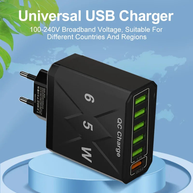 65W 6 Ports USB Charger Fast Charging QC3.0 Travel Charger for IPhone 14 Samsung Xiaomi Mobile Phone Adapter EU KR US UK Plug