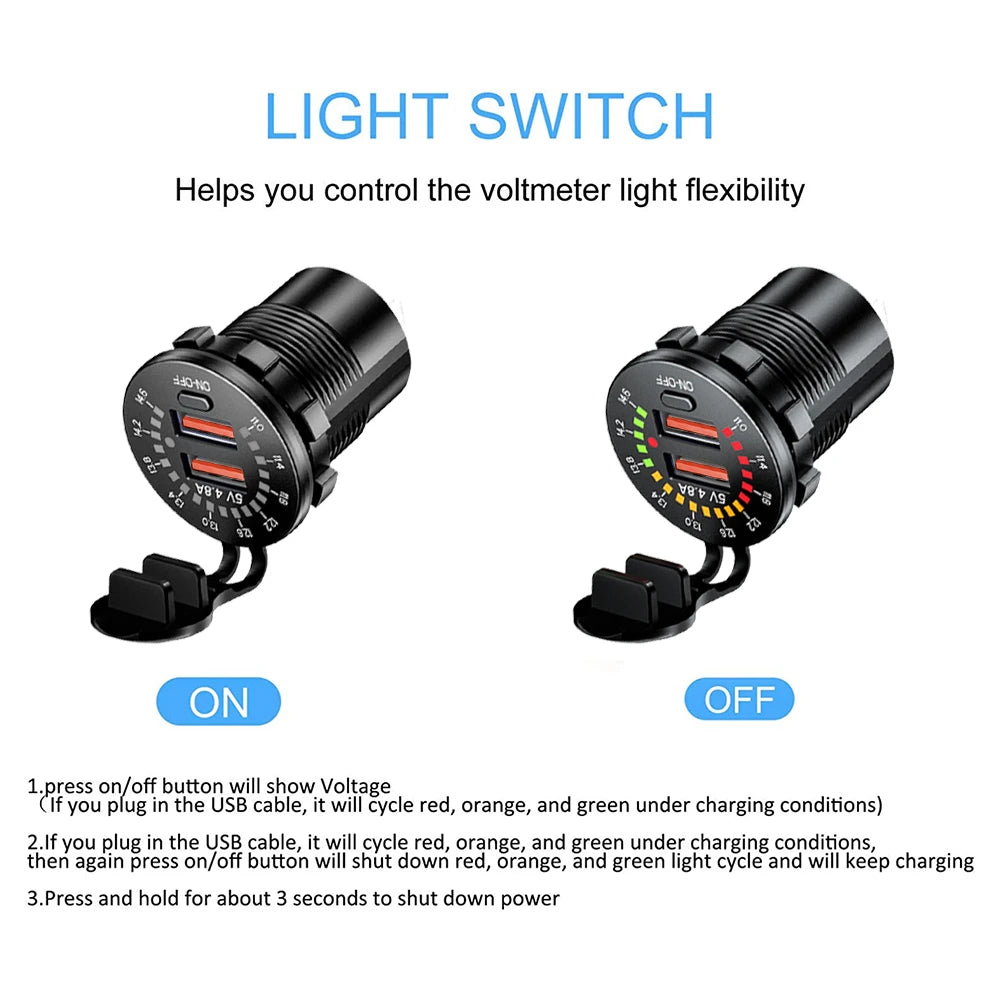 45W Dual USB Charger Socket with LED Voltmeter ON OFF Switch QC3.0 PC Type C Waterproof USB Outlet Fast Charger for 12V/24V Car