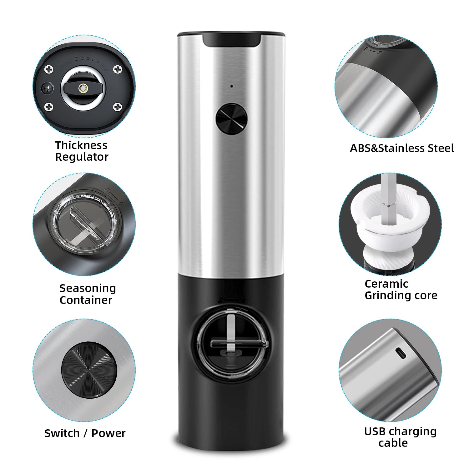 Electric Salt And Pepper Grinder Set Base Charging Stainless Steel USB Rechargeable Automatic Pepper Mill Salt Adjustable Spice