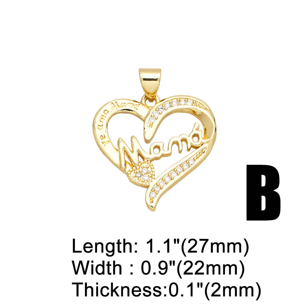 OCESRIO White Crystal Heart MAMA Pendant for Necklace Copper Gold Plated Moon Mothers Day Jewelry Making Component pdtb140