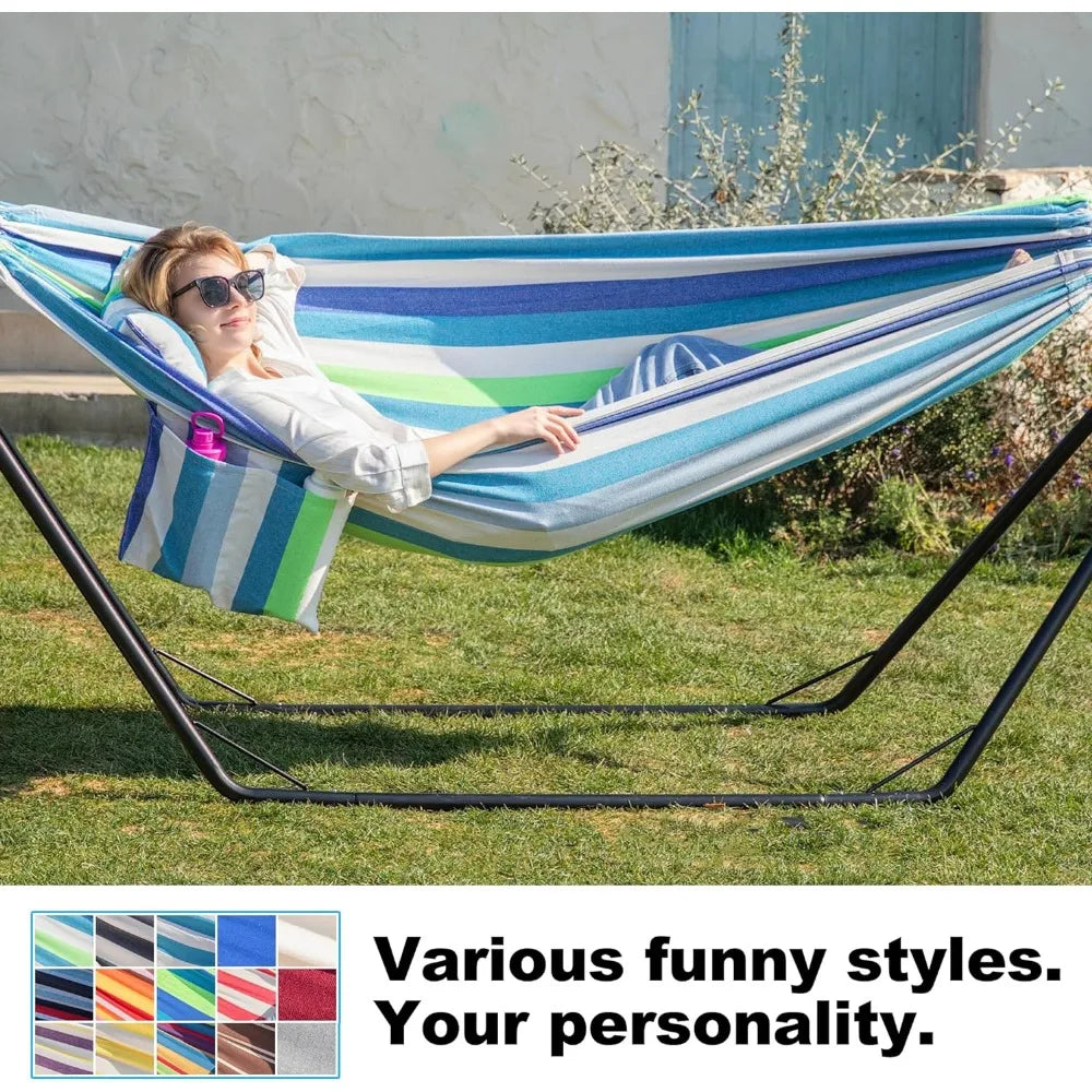 Double Hammock with Stand for Outside, Stable V-Shape Steel Stand, Comfortable Pillow, Convenient Sidebag, Max 450 lbs Capacity