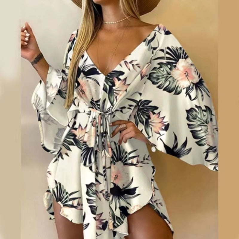 2023 New Summer Beach Elegant Women Dresses Sexy V Neck Lace-up Floral Print Mini Dress Casual Flared Sleeves Ladies Party Dress - RY MARKET PLACE