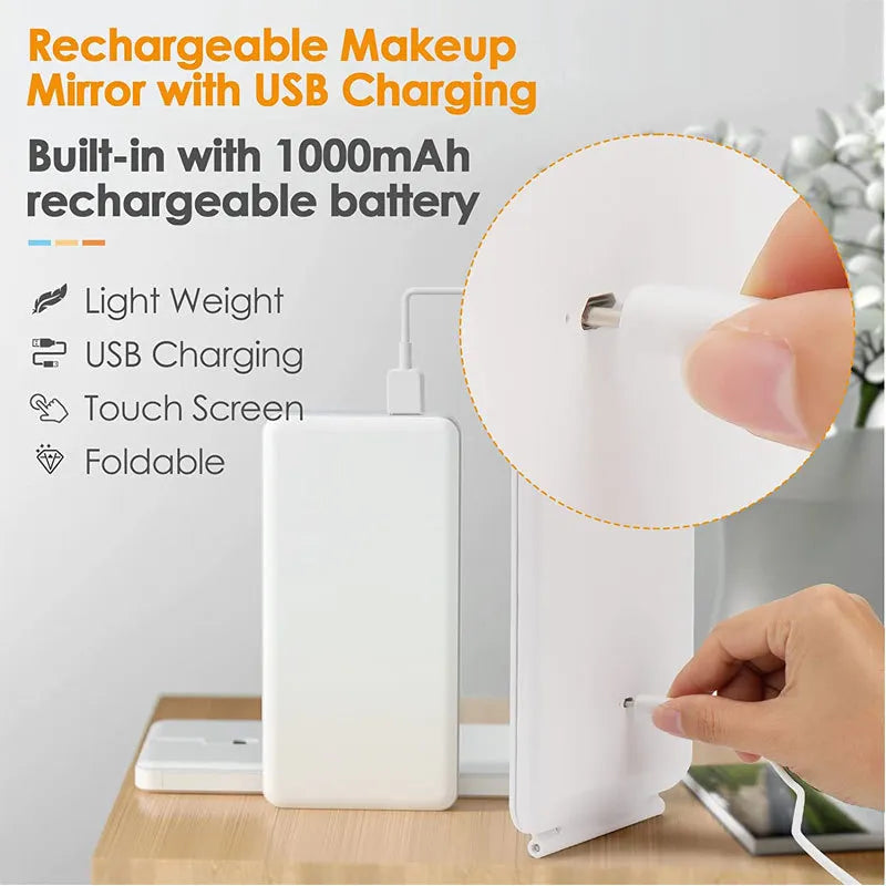 Portable Vanity Lamp Folding Cosmetic Mirrors Lighted Touch Screen Makeup Mirror With LED Lamp Usb Rechargeable Foldable Design