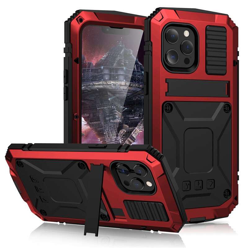 Full-Body Rugged Armor Shockproof Protective Case for iPhone 14 Plus 13 12 11 14 Pro Max Mini Kickstand Aluminum Metal Cover - RY MARKET PLACE