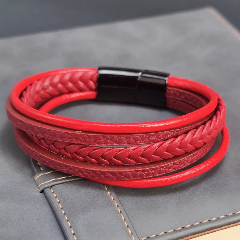 2022 New Red Braided Leather Men Bracelet Classic Hand-woven Magnetic Buckle Multi-layer Leather Bracelet For Men Jewelry Gift