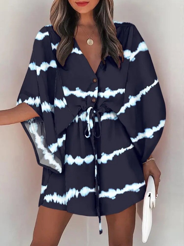 Casual Boho Button Beach Dresses 2023 New Vintage Batwing Sleeve Drawstring Dress Women Fashion Loose V-Neck Printed Mini Dress - RY MARKET PLACE