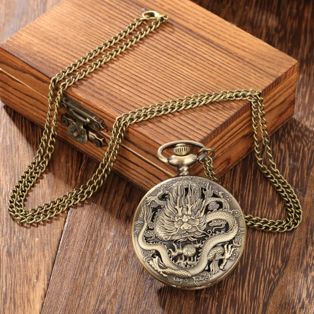 Antique Dragon Hollow Quartz Pocket Watch, Unisex Analog Necklace Sweater Pendant Pocket Watch, Gift For Father's Day