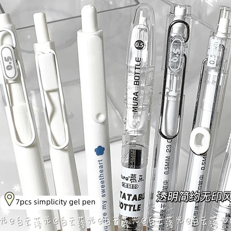 7pcs Korean Fashion Gel Pen Simplicity White Transparent Solid Color Stationery Gel Pen 0.5mm Black Ink Scrapbook Dry Quick Pen