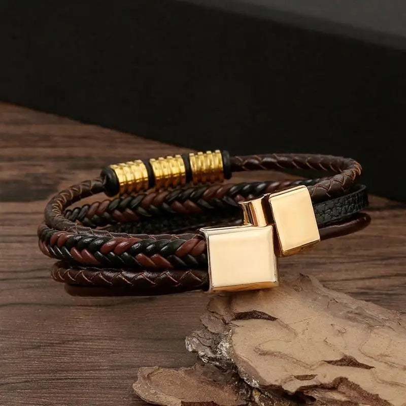 New Luxury Men's Leather Bracelet High Quality Hand-woven Multi-layer Combination Bangle Bracelet for Men Father's Day Gift