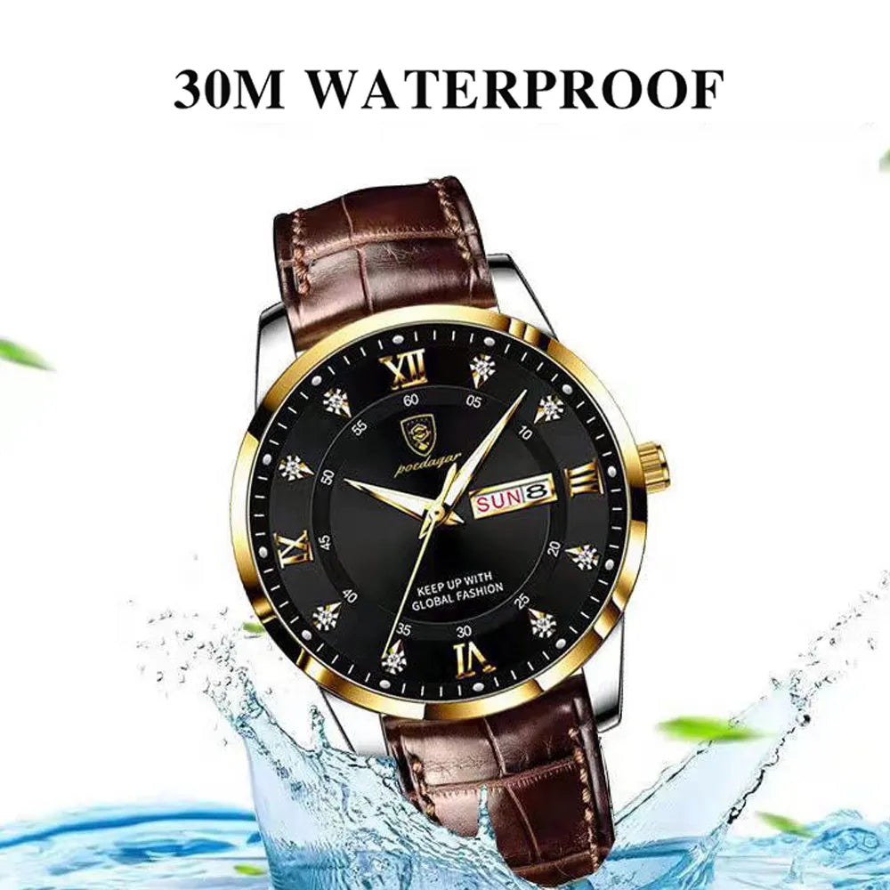 POEDAGAR Men Watch Fashion High Quality Leather Watches Waterproof Luminous Week Date Top Brand Luxury Quartz Man Wristwatch - RY MARKET PLACE