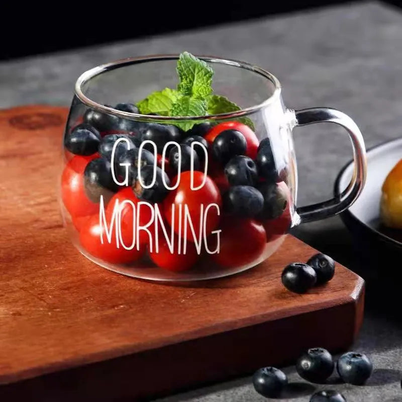 350ml Letter Printed Transparent Creative Glass Coffee Tea Mug Drinks Dessert Breakfast Milk Cup Glass Mugs Handle Drinkware