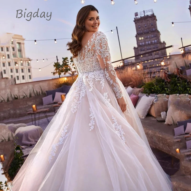 Elegant V-Neck Wedding Dresses Plus Size Lace Long Sleeve Women White Open Back Tulle Bridal Gown Sweep Train Vestidos De Novia