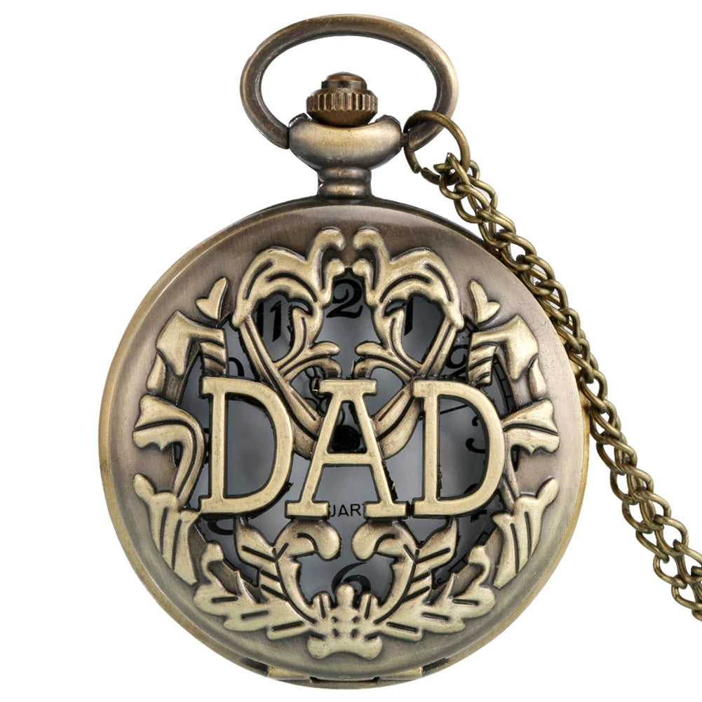 Antique Bronze Hollow DAD Design Quartz Pocket Watch Necklace Dad Pendant Chain Watch Birthday Father's Day Gifts for Father Men