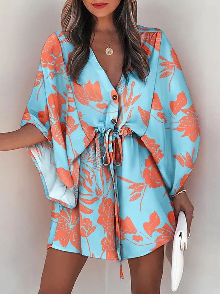 Casual Boho Button Beach Dresses 2023 New Vintage Batwing Sleeve Drawstring Dress Women Fashion Loose V-Neck Printed Mini Dress - RY MARKET PLACE