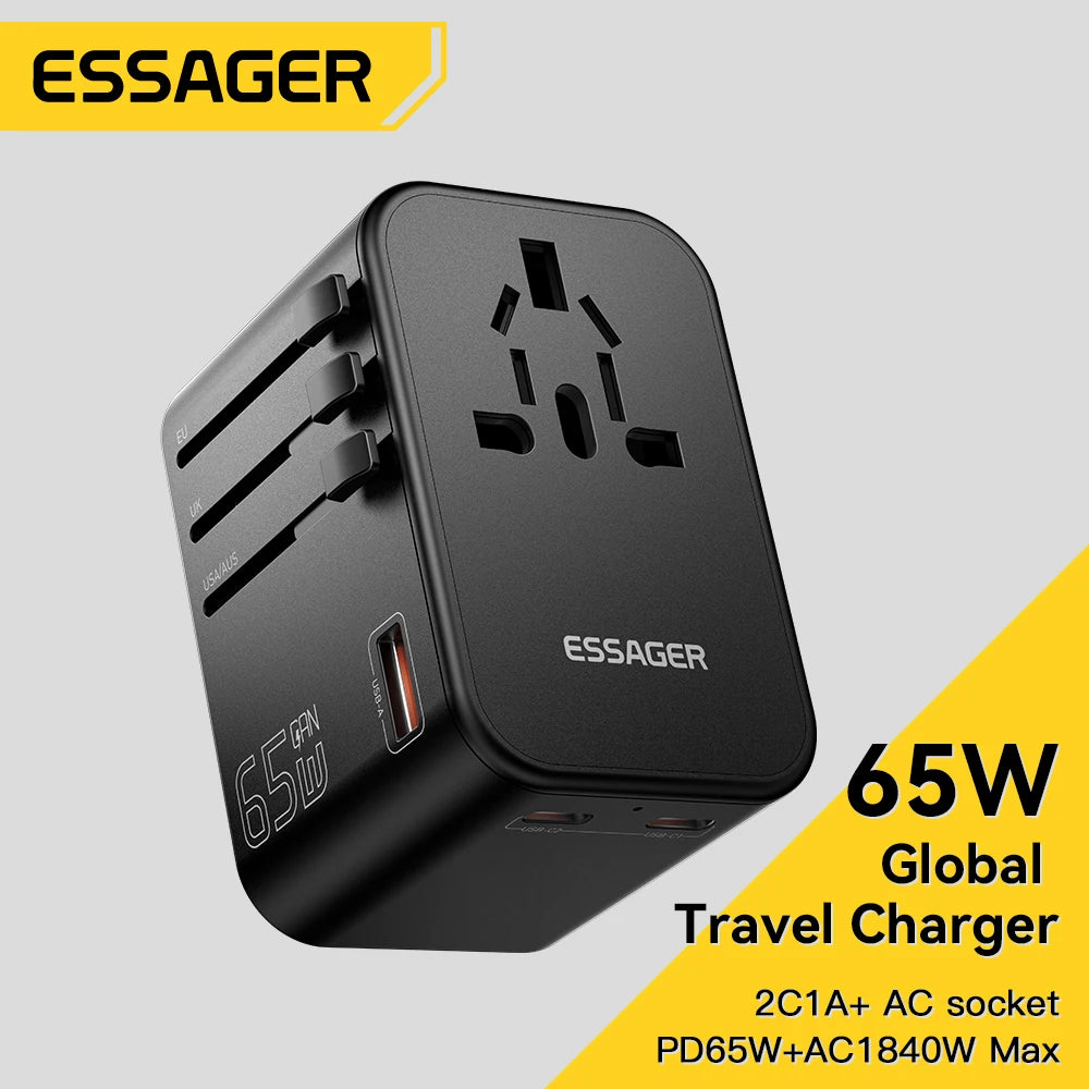 Essager Universal Travel Adapter Charger 65W All-in-One Travel Charger Fast Charger for US EU AU Plug UK Full Function Charging