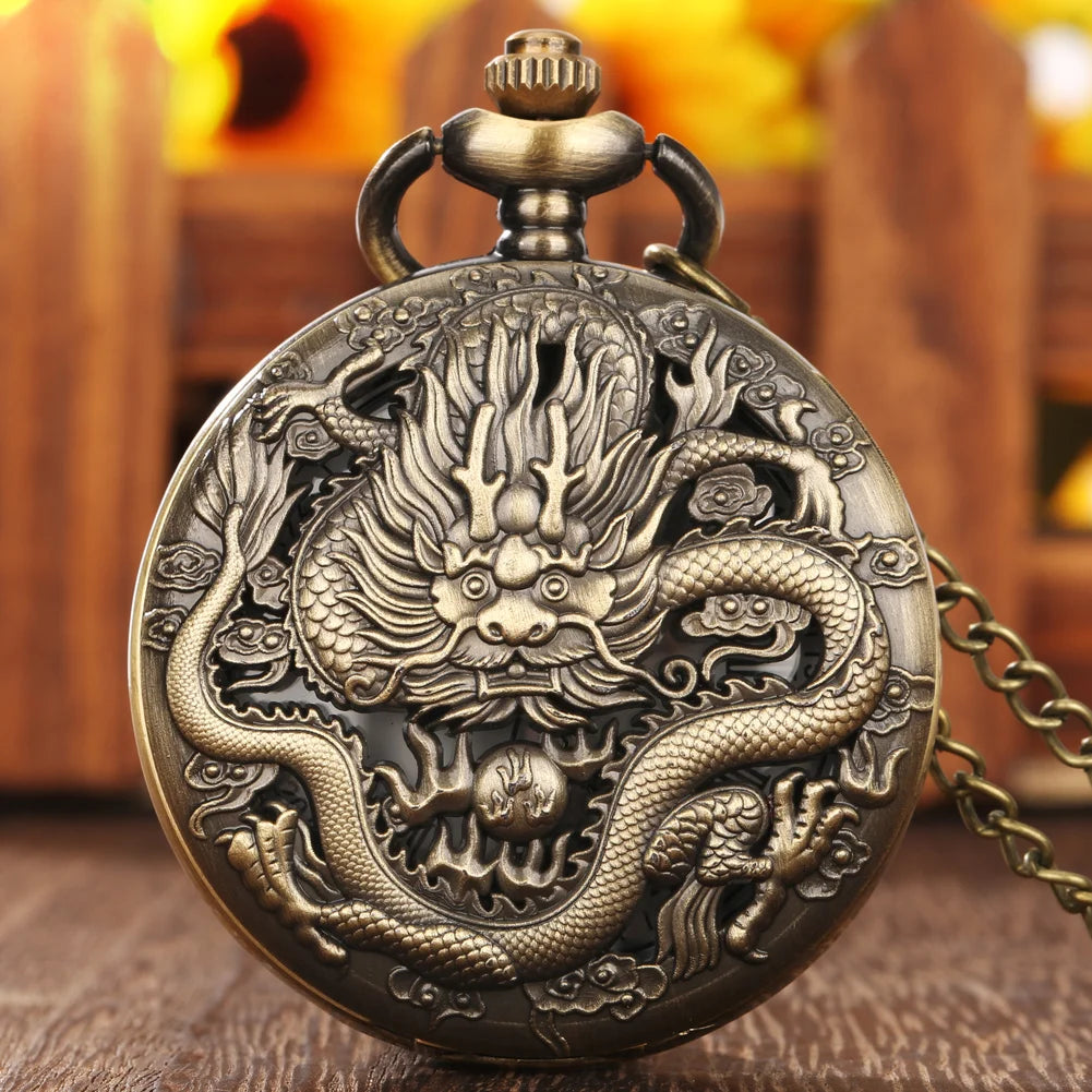 Antique Dragon Hollow Quartz Pocket Watch, Unisex Analog Necklace Sweater Pendant Pocket Watch, Gift For Father's Day