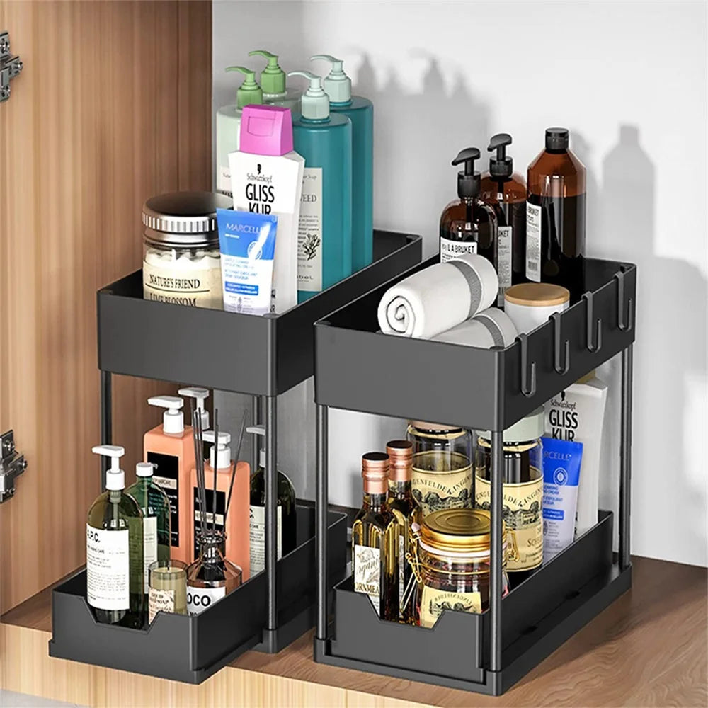 Kitchen Under Sink Organizer Storage Rack  2 Tier Shampoo Detergent Cabinet Spices Rack Bathroom Cosmetics Storage
