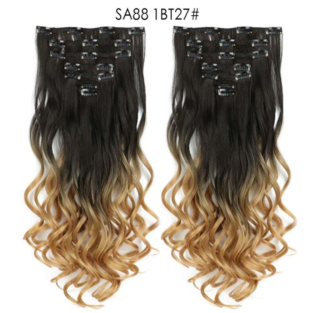 LINWAN Hair 22inch Ombre Hair Long Curly Hair Extension 16 Clips High Tempreture Synthetic Hairpiece Clip In Hair Extensions - RY MARKET PLACE