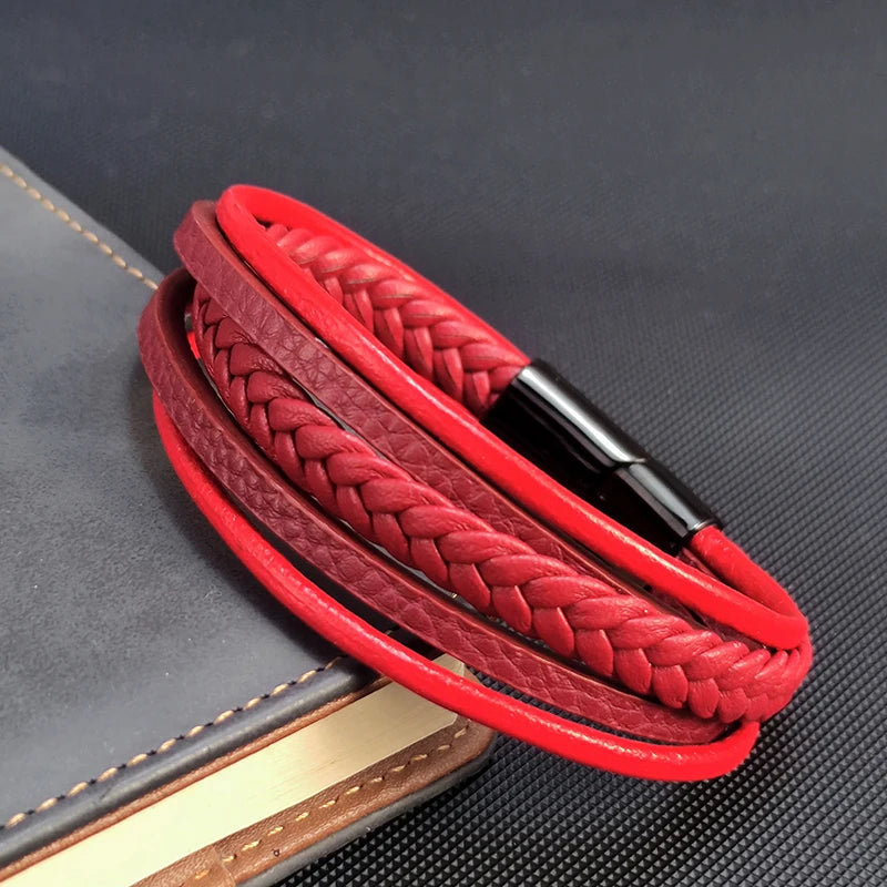 2022 New Red Braided Leather Men Bracelet Classic Hand-woven Magnetic Buckle Multi-layer Leather Bracelet For Men Jewelry Gift