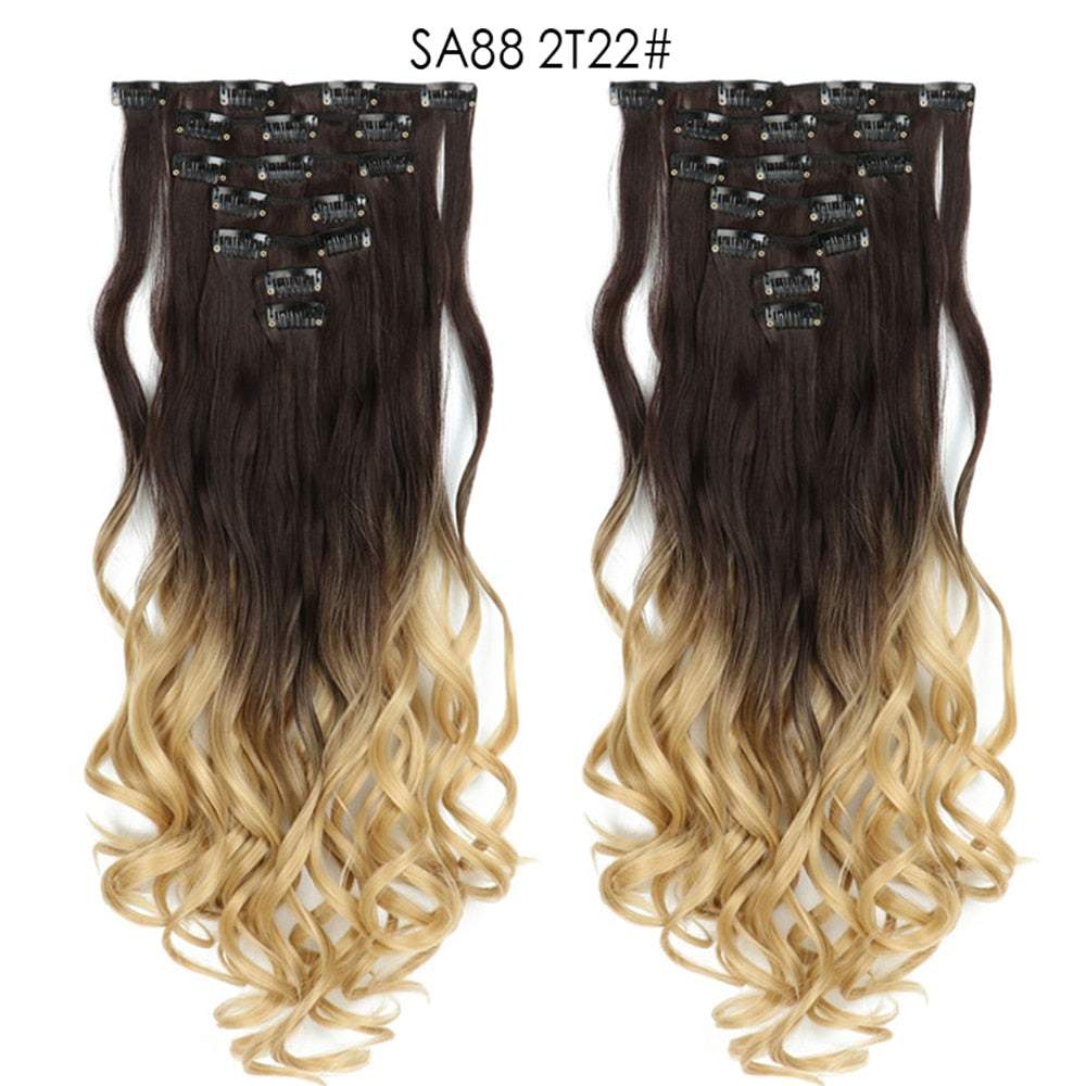 LINWAN Hair 22inch Ombre Hair Long Curly Hair Extension 16 Clips High Tempreture Synthetic Hairpiece Clip In Hair Extensions - RY MARKET PLACE