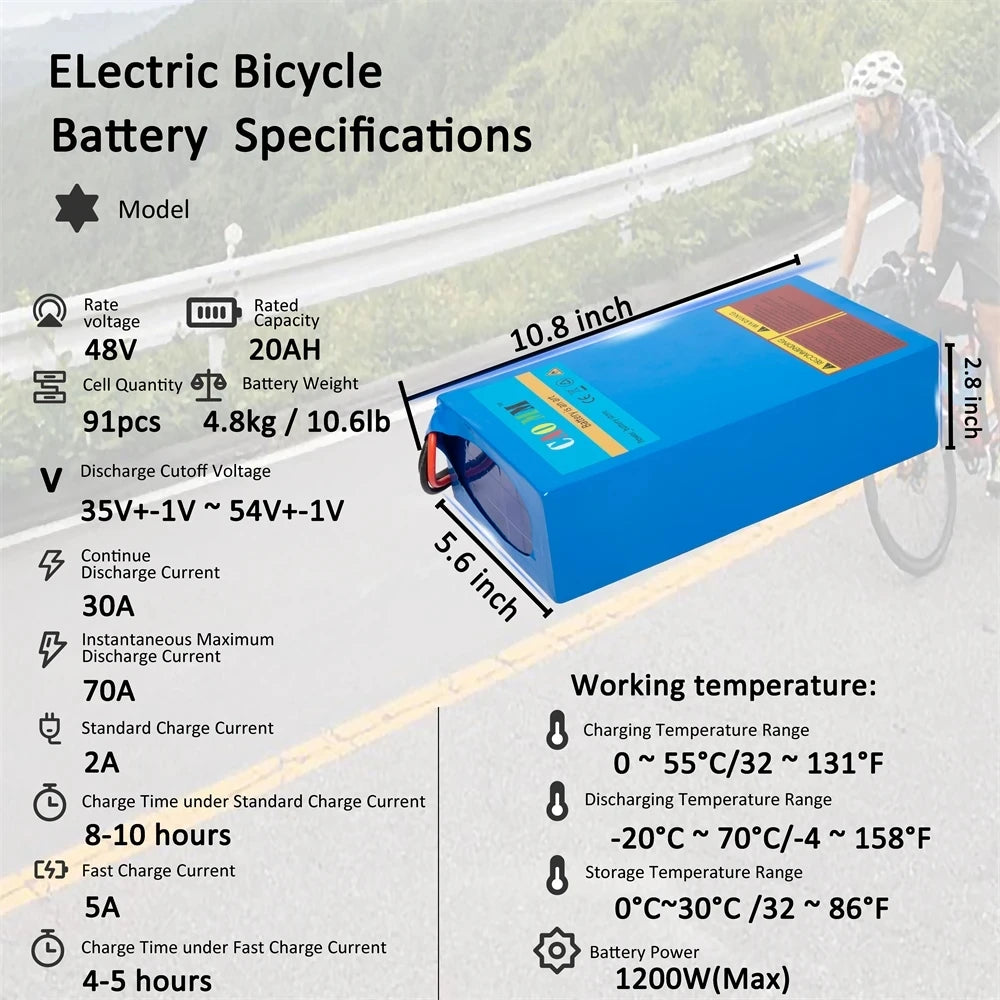 CaoMM 36V 48V 52V Electric Bike Lithium Battery Pack 8 10 20Ah Li ion Ebike Battery for Bicycle Scooter Motorcycle with Charger