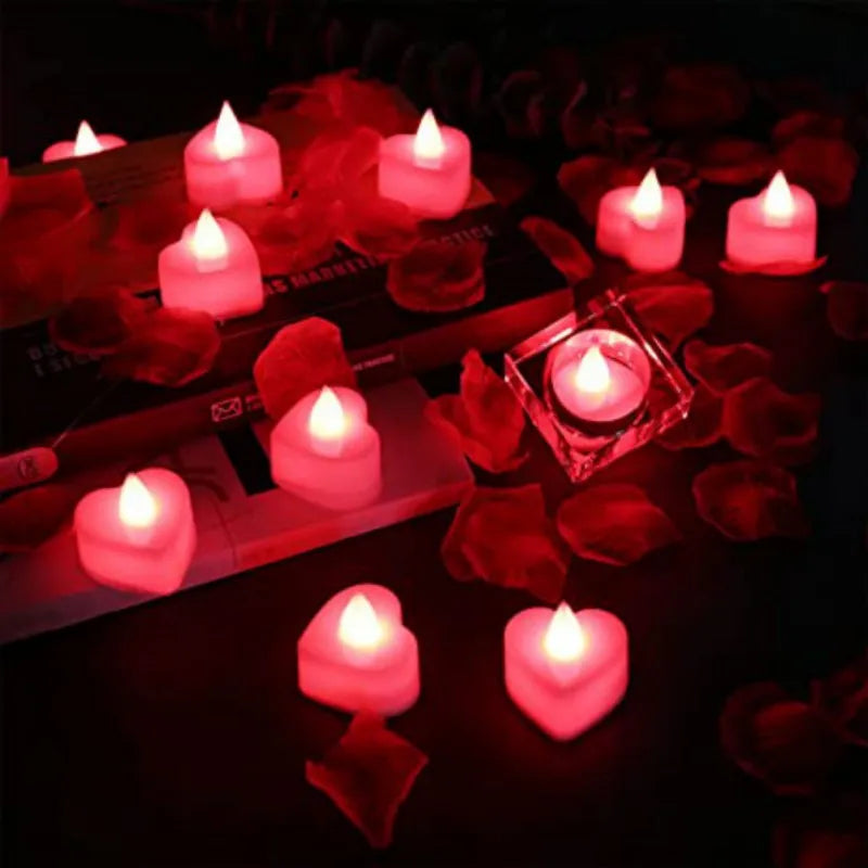 24pcs Heart Shape LED Tealight Candles with 1000pcs Silk Rose Artificial Petals Girl Scatter for Valentine's Day Wedding Decor