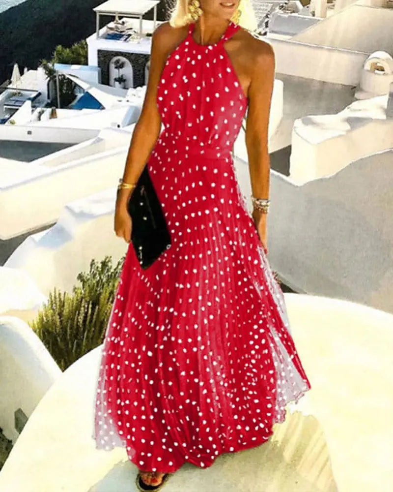 2022 Summer New Sexy Halter Off Shoulder Dress Wave Dot Printed Chiffon Pleated Long Dress Bohemian Style Big Swing Vacation - RY MARKET PLACE