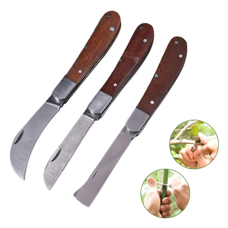 Folding Grafting Knife Plant Grafting Pruning Tools Professional Garden Fruit Tree Cutter Stainless Steel Wooden Handle Knife