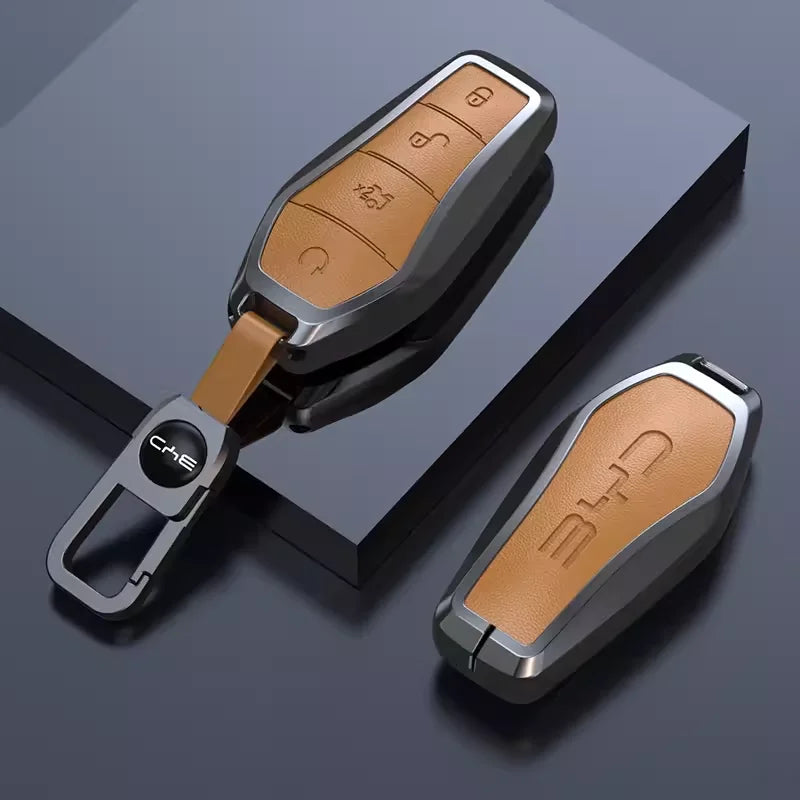 Key Case Cover for BYD Song Plus Atto 3 Han EV Tang DM Qin Seal Dolphin Leather Metal Remote Fob Holder Keychain Car Accessories