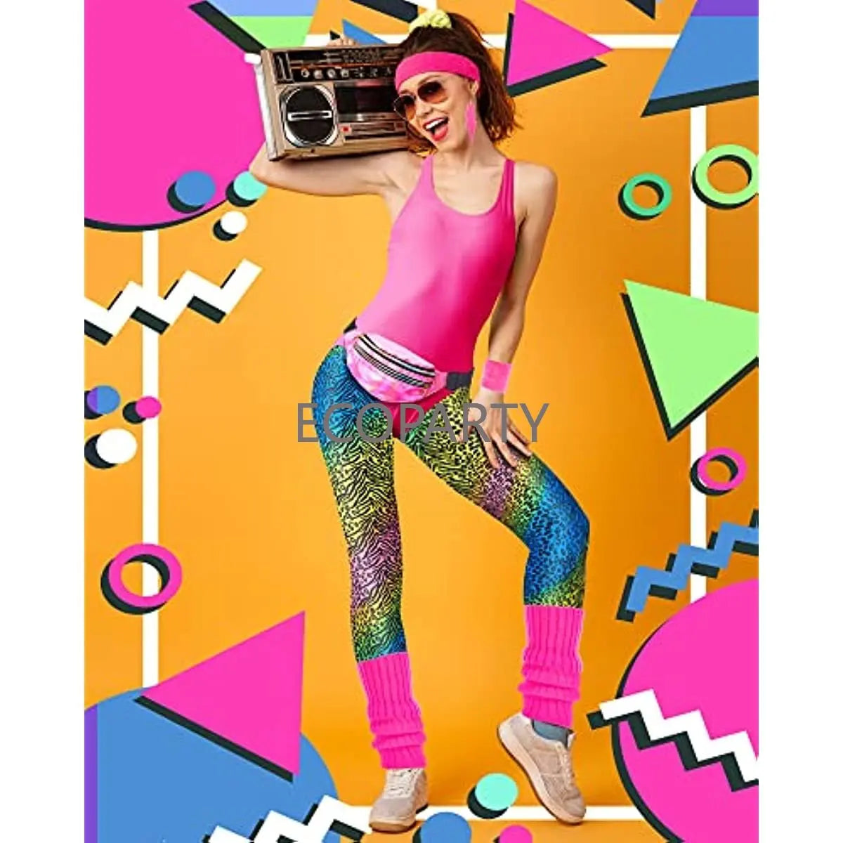 7 Pcs 80s Fancy Workout Costume 80s Accessories Set 80s 90s Leotard Legging Headband Wristbands Leg Warmers Earrings Fanny Pack