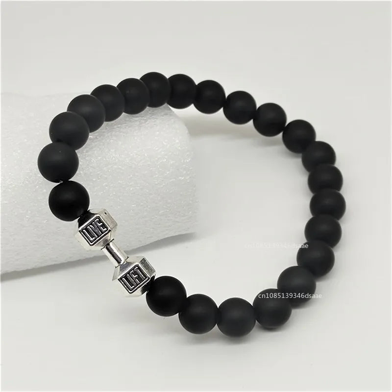 Lava Bracelet Black Volcanic Stone Black Matte Dumbbell Beads Bracelets Father's Day Gift for Women Men Fitness Barbell Jewelry