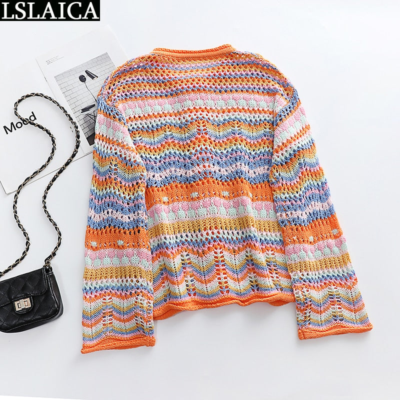 Cardigan Top Women Long Sleeve Single Button Decorated Slim Rainbow Striped Patchwork Women's Sweater Spring Autumn Fashion 2022 - RY MARKET PLACE