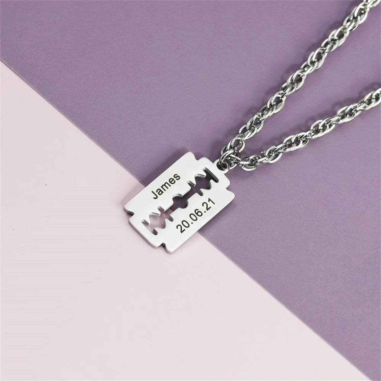 Father's Day Gift Razor Blade Necklace For Men-Emo Mood Necklace Laser Engraved Name Date Pendant Father's Day Gifts for Dad Boy