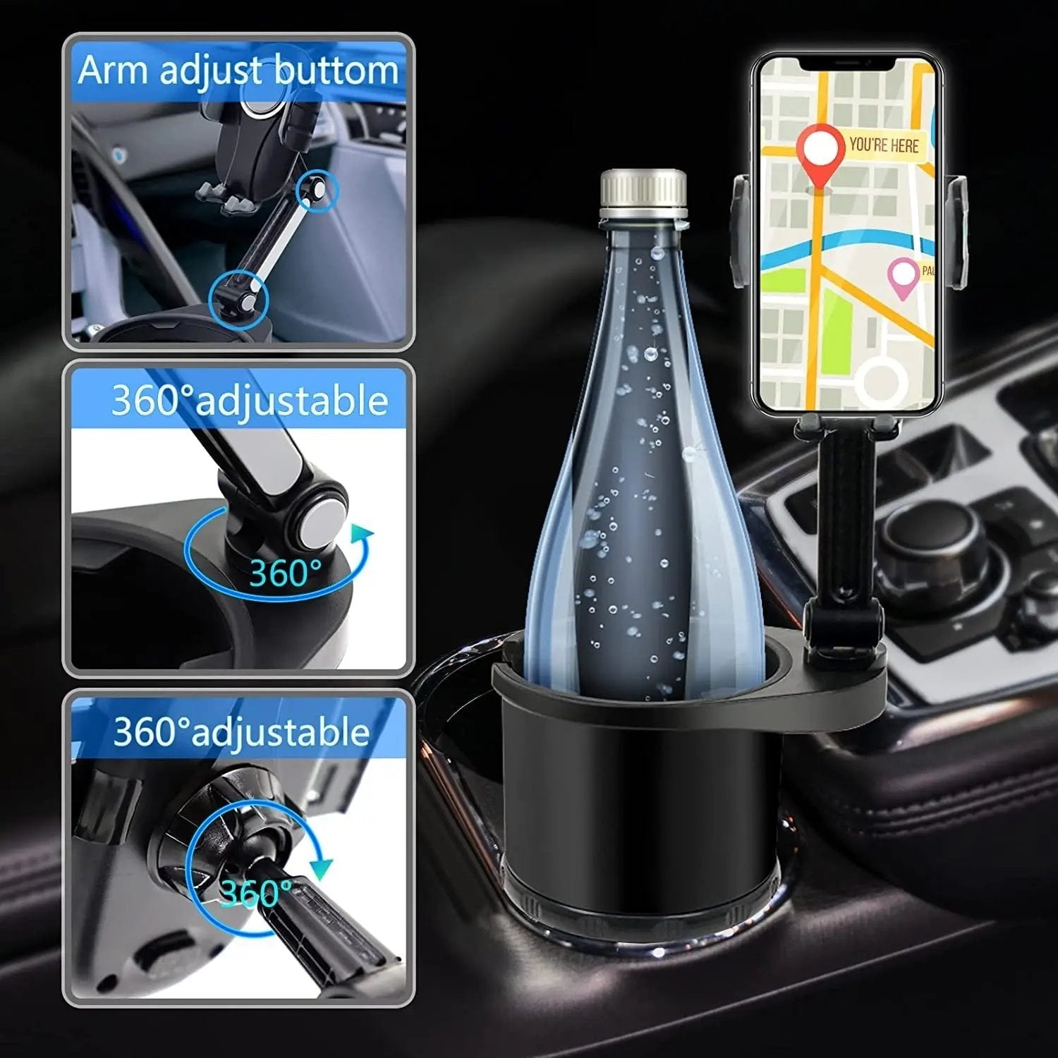 2 in 1 360° Rotating Car Cup Holder Phone Holder Universal Cup Holder Expander with Cell Phone Mount Compatible with iPhone - RY MARKET PLACE