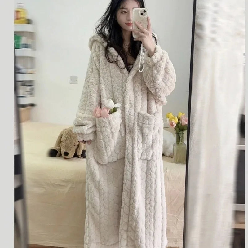 Pocket Robe for Women Sleepwear Winter Nightdress Night Wears Warm Fleece Pajama One Piece Nightgown Hooded Sleeping Homewear