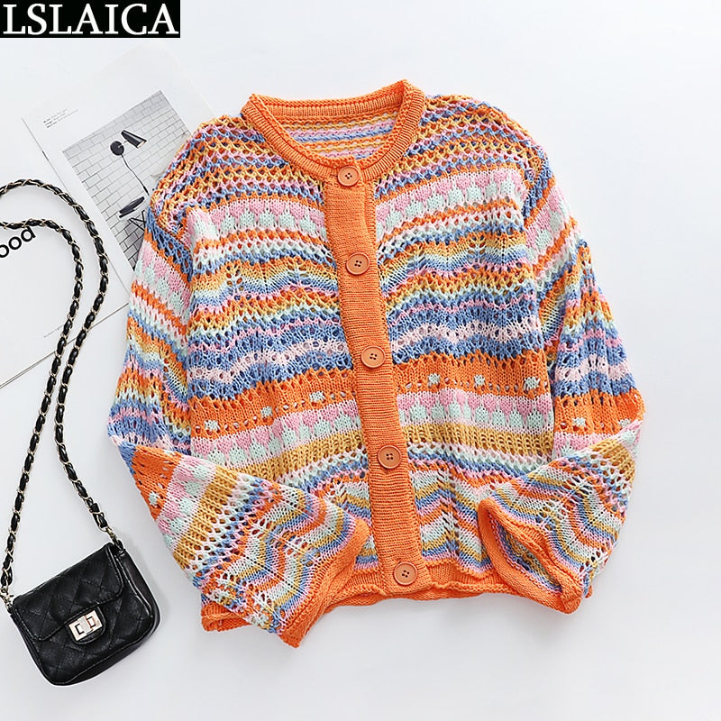 Cardigan Top Women Long Sleeve Single Button Decorated Slim Rainbow Striped Patchwork Women's Sweater Spring Autumn Fashion 2022 - RY MARKET PLACE