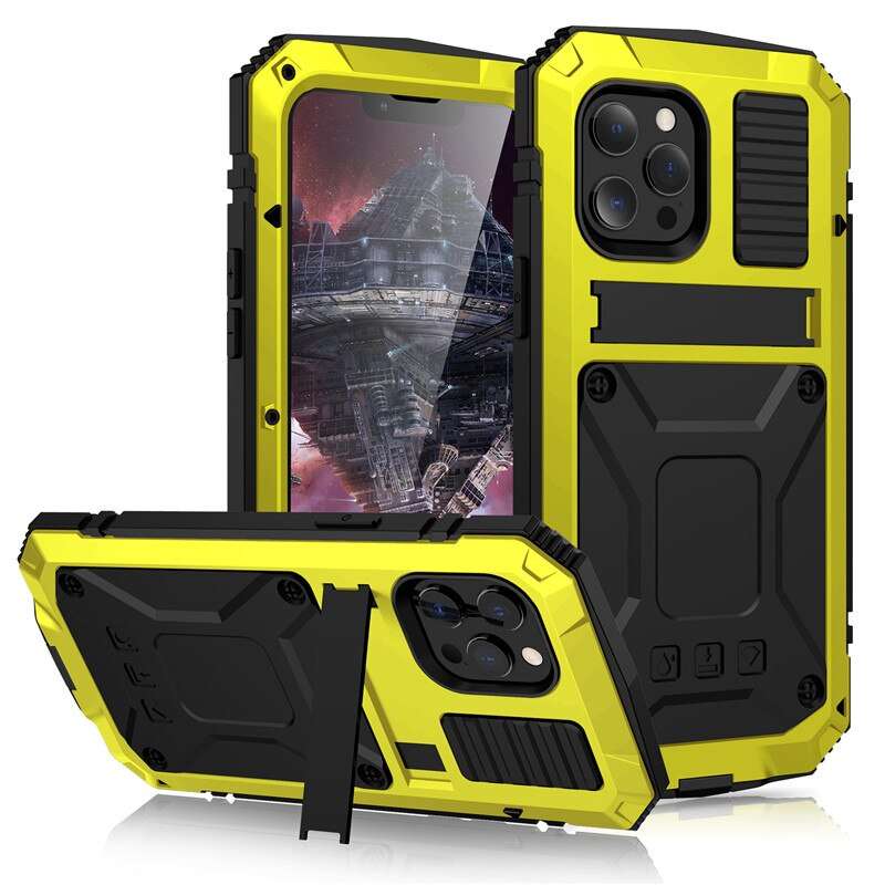 Full-Body Rugged Armor Shockproof Protective Case for iPhone 14 Plus 13 12 11 14 Pro Max Mini Kickstand Aluminum Metal Cover - RY MARKET PLACE