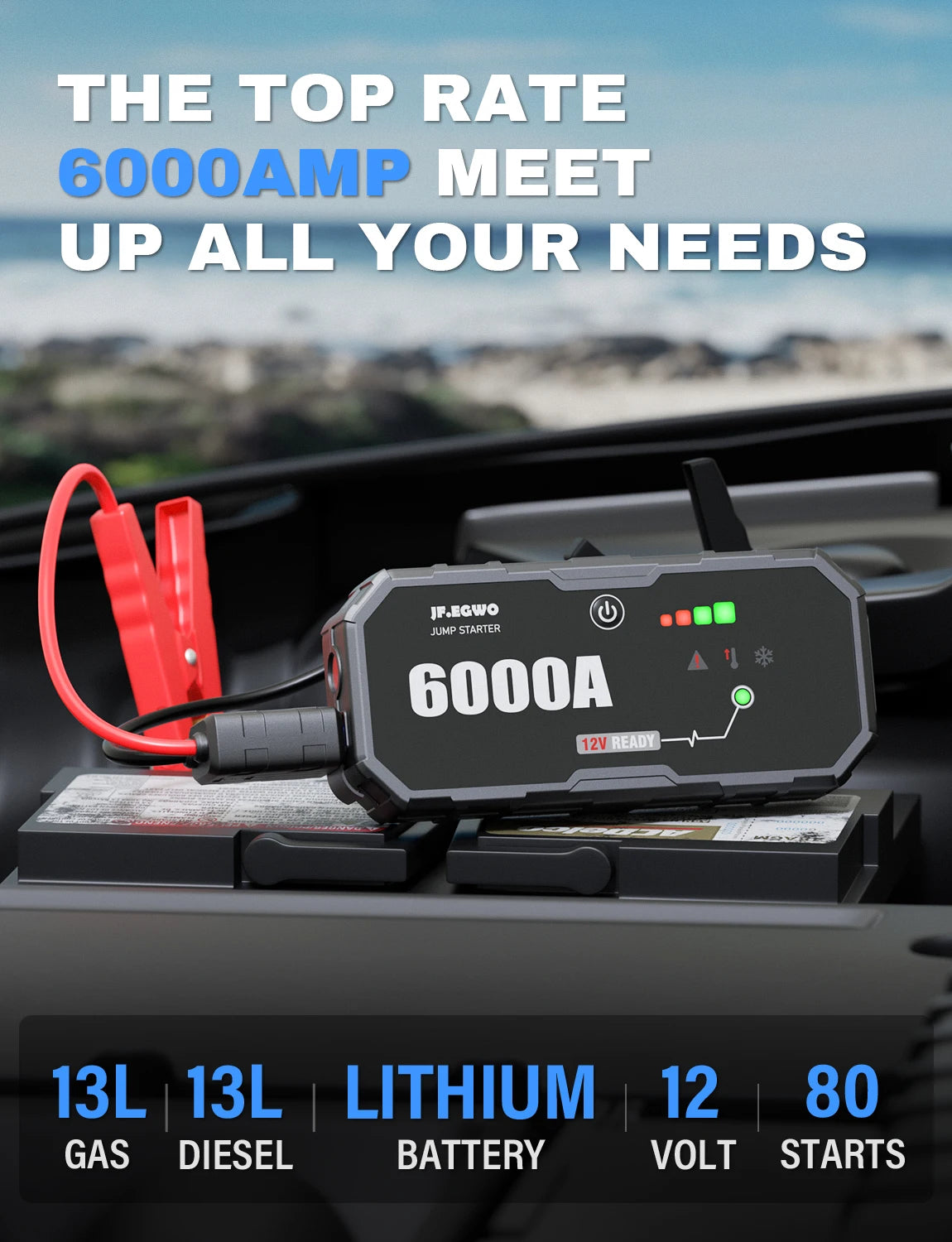 6000A Jump Starter Car Battery Portable Charger Power Bank Car Booster auto 12V Auto Starting Device Emergency Outdoor