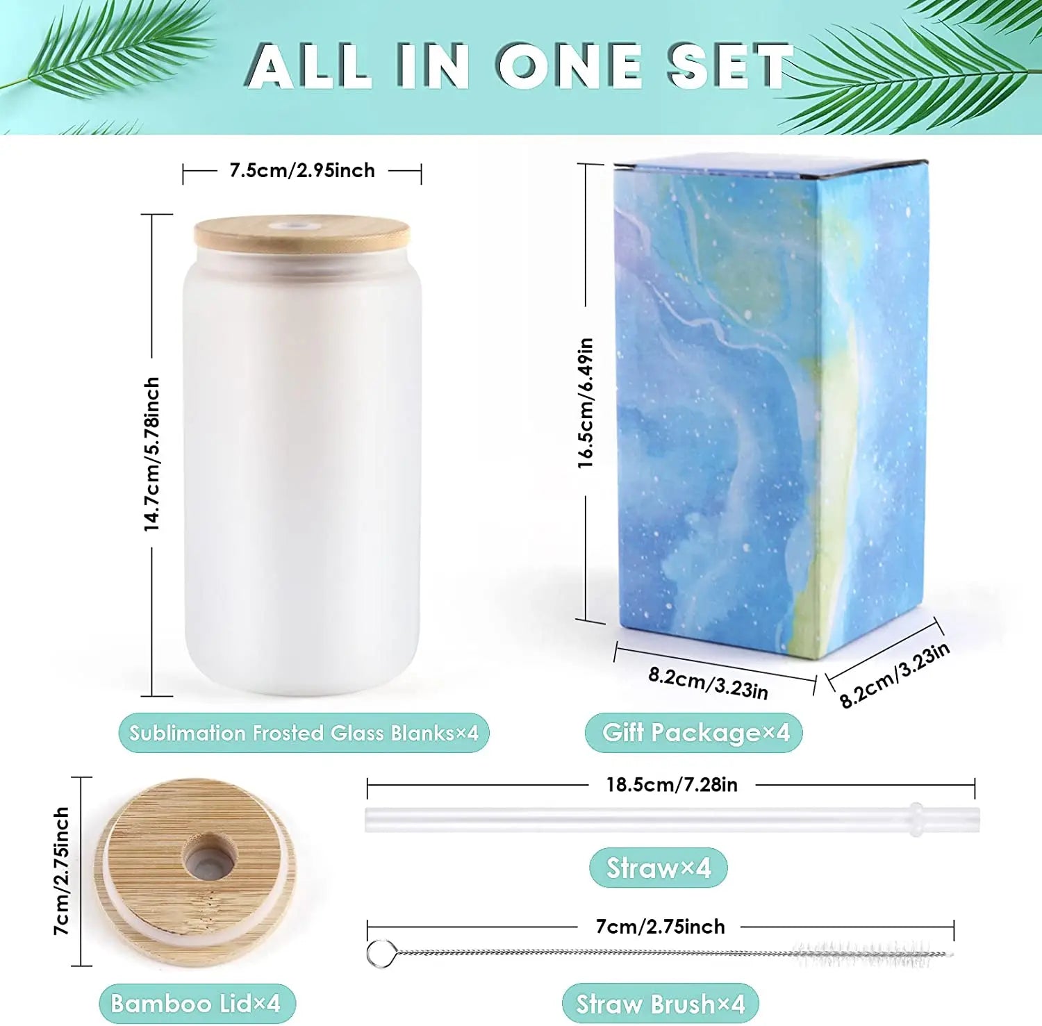 HTVRONT 4/8 Pack 16OZ Clear/Frosted Glass Sublimation Tumblers with Bamboo Lid Sublimate Tumbler Blanks DIY for Iced Coffee Cups