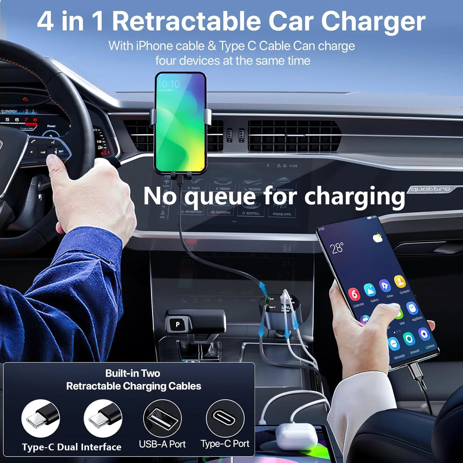 4-in-1 Vehicle Charger, 120 Watt Fast Charging, Retractable Cable, 2 USB Ports, Compatible with All Vehicles Dual TYPE-C