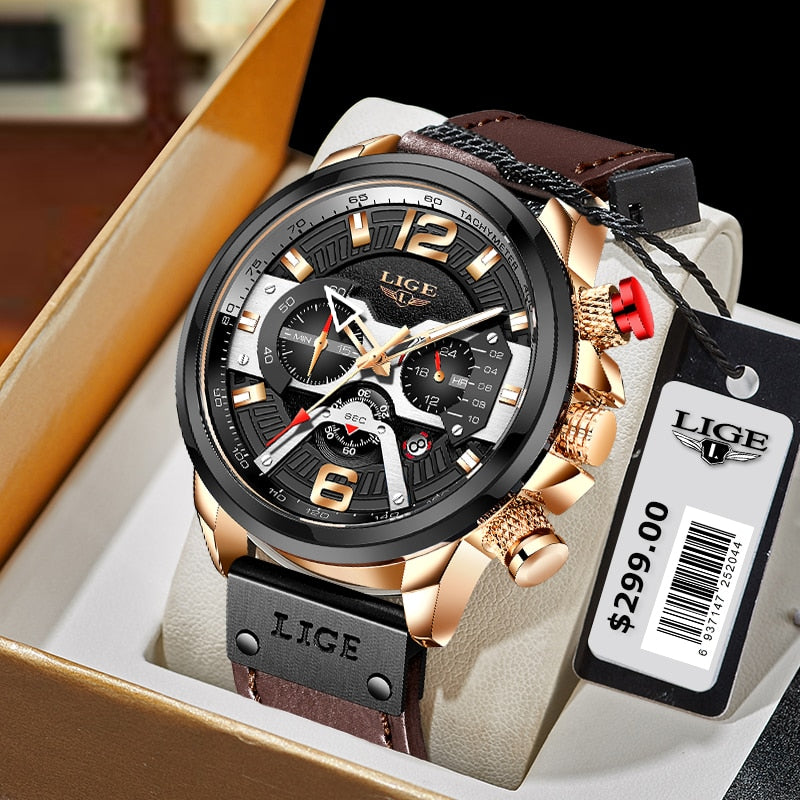 2023 New Mens Watches LIGE Top Brand Leather Chronograph Waterproof Sport Automatic Date Quartz Watch For Men Relogio Masculino - RY MARKET PLACE