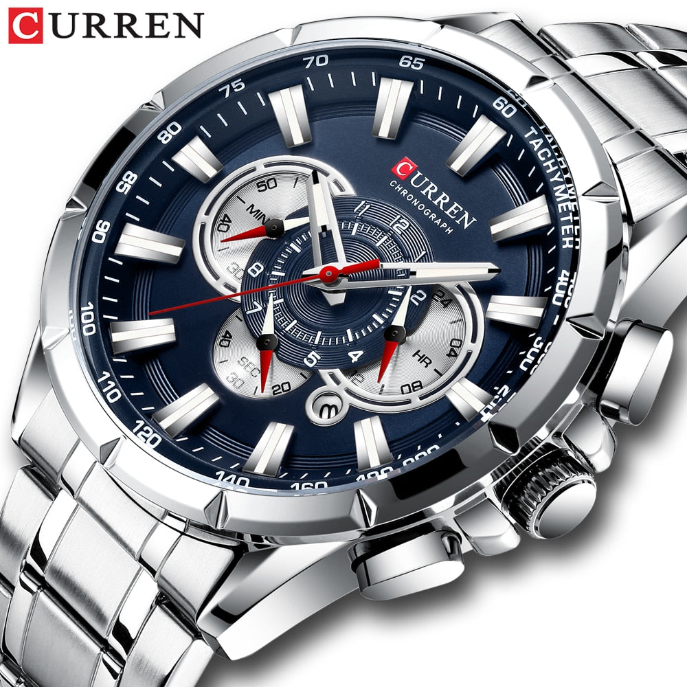 CURREN New Casual Sport Chronograph Men's Watches Stainless Steel Band Wristwatch Big Dial Quartz Clock with Luminous Pointers - RY MARKET PLACE