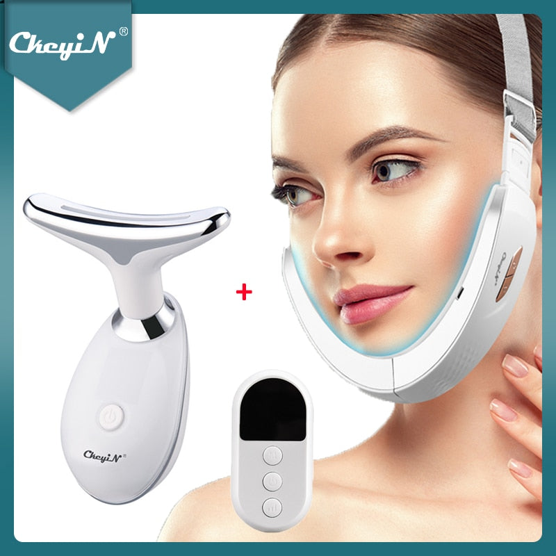 CkeyiN Face Massager V-Face Lifting Belt LED Photon EMS Massage Shaping Slimming Double Chin Reducer V-Line Chin Cheek Lift Up - RY MARKET PLACE